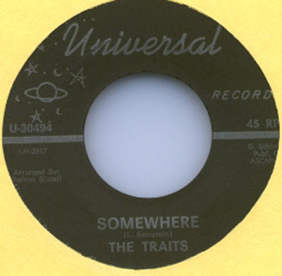 The Traits Somewhere 45 RPM Universal Records vinyl record arranged by Shelton Bissell with label information including LH-2517 and G. Schirmer, Inc. ASCAP.