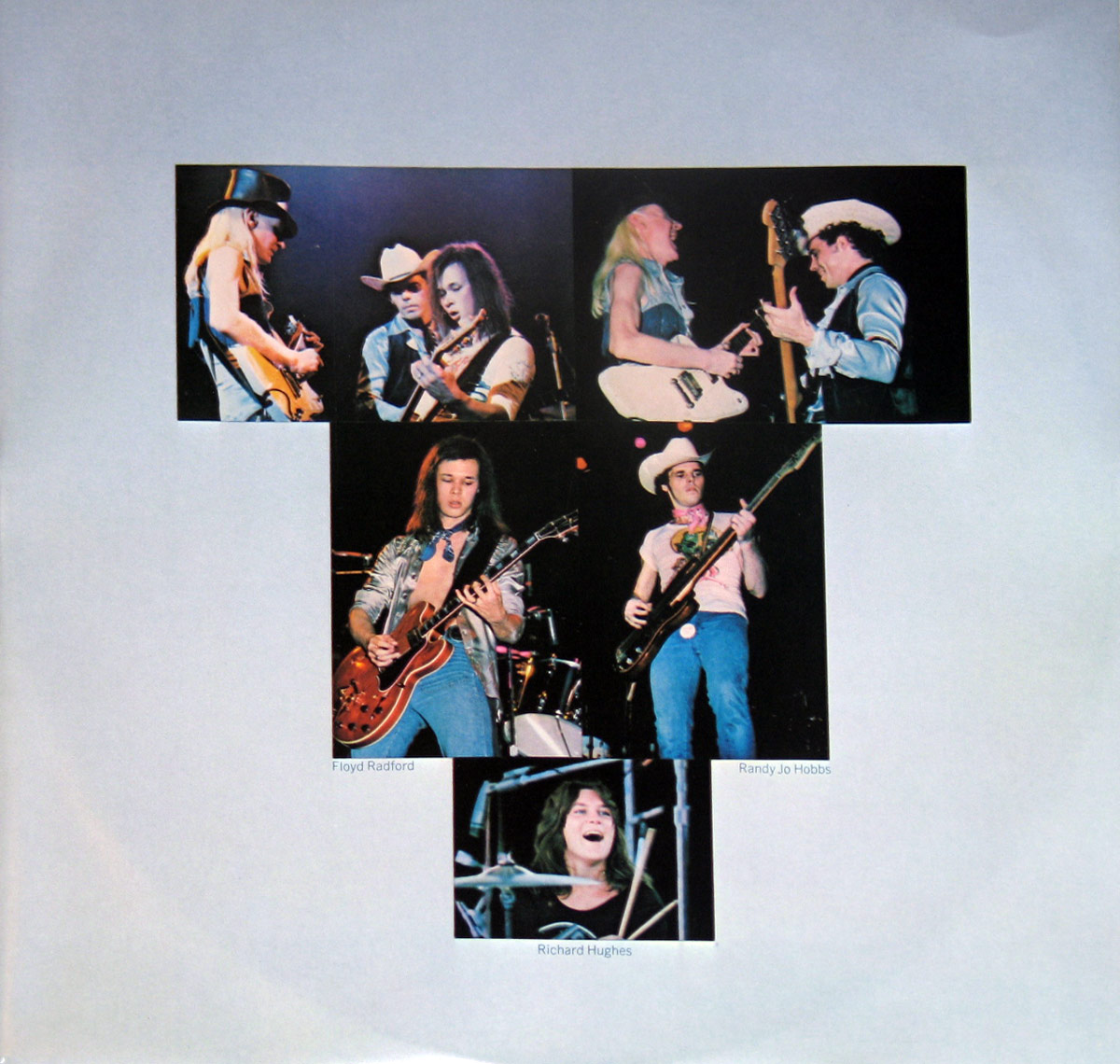 Custom inner sleeve of the Promotional Copy of 'Captured Live' by Johnny Winter, featuring a photo collage of the band in action. The collage consists of five dynamic concert images showcasing Johnny Winter and his band members from 1976. The top row features Johnny Winter playing guitar with intensity, a close-up duet with another guitarist, and an energetic moment with a fellow band member. The bottom row highlights Floyd Radford on lead guitar, Randy Jo Hobbs on bass, and Richard Hughes behind the drum kit, each captured in their element during the live performance. The background is a plain white canvas, allowing the vibrant concert photography to stand out. Photo credits to legendary music photographer Jim Marshall.