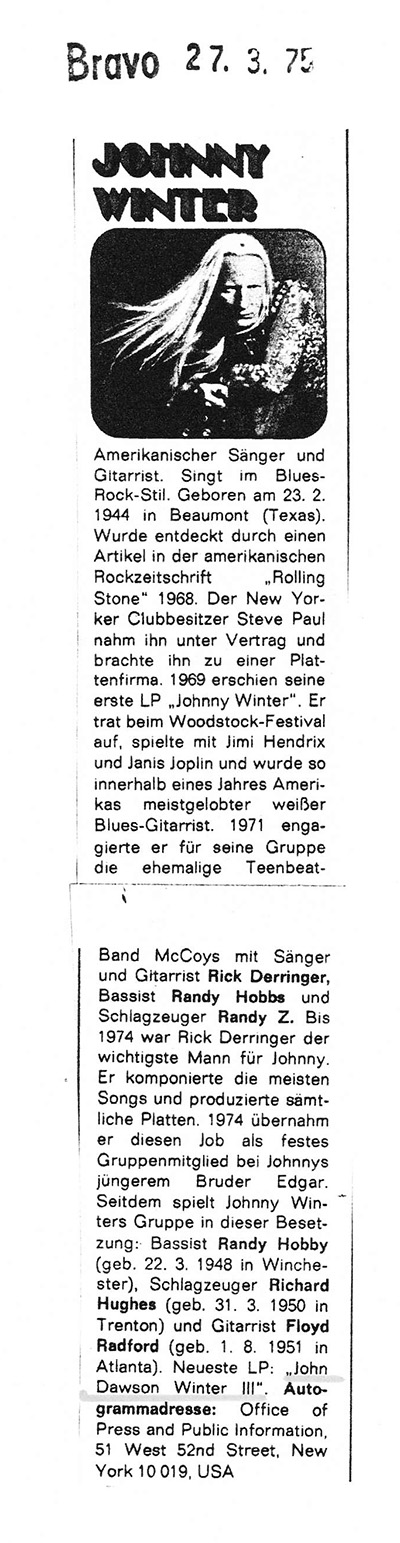 Bravo Magazine Germany review John Dawson Winter III: 27 Mar 1975