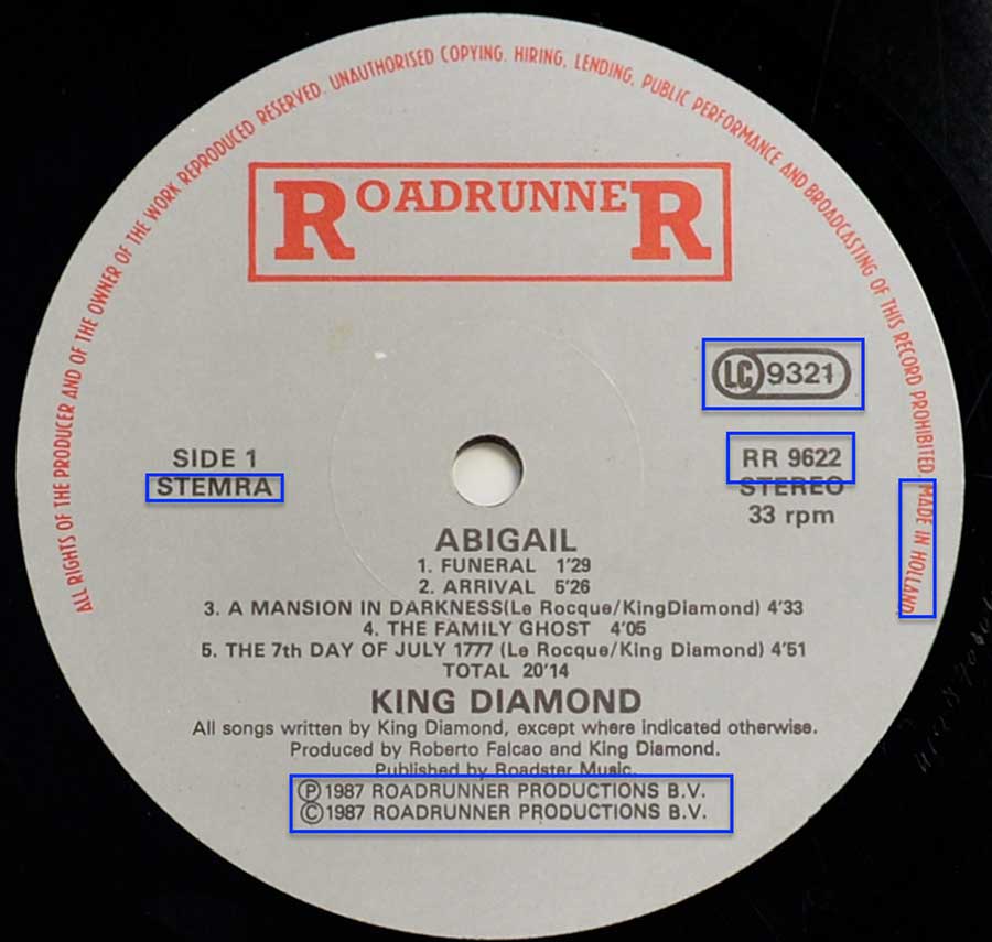 Close up of record's label KING DIAMOND - Abigail Netherlands RoadrunneR Side One