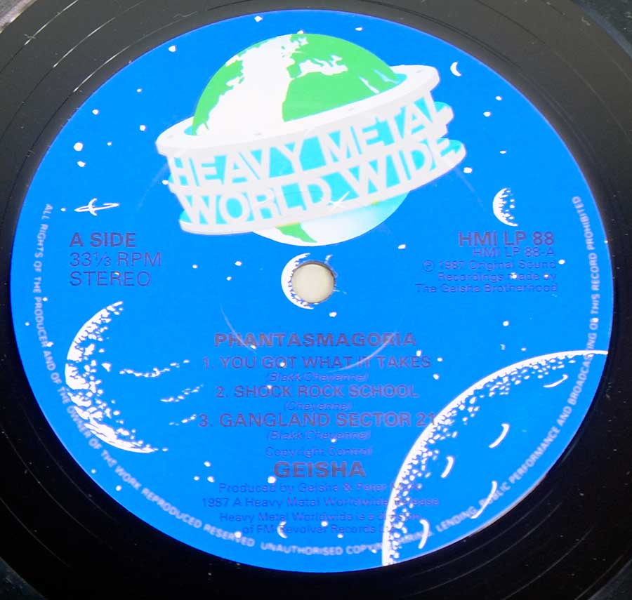 Close up of record's label GEISHA - Phantasmagoria  BLAKK TOTEM 12" LP ALBUM VINYL  Side One