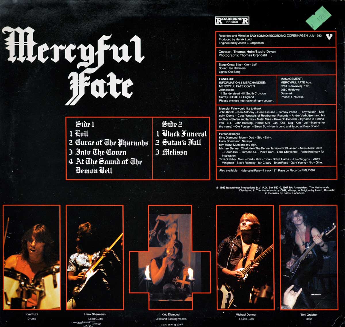 Back cover of Mercyful Fate’s 1983 album Melissa. The design features a black background with the band’s name in large white gothic-style font at the top left. A red-bordered tracklist box in the center lists the album’s songs. Below, five red-framed photos depict band members: Kim Ruzz (drums), Hank Shermann (lead guitar), King Diamond (vocals), Michael Denner (lead guitar), and Timi Grabber (bass). To the right, red-bordered text provides recording credits, acknowledgments, and management details. The cover maintains a dark and ominous aesthetic, reinforcing the album’s occult themes. https://vinyl-records.nl