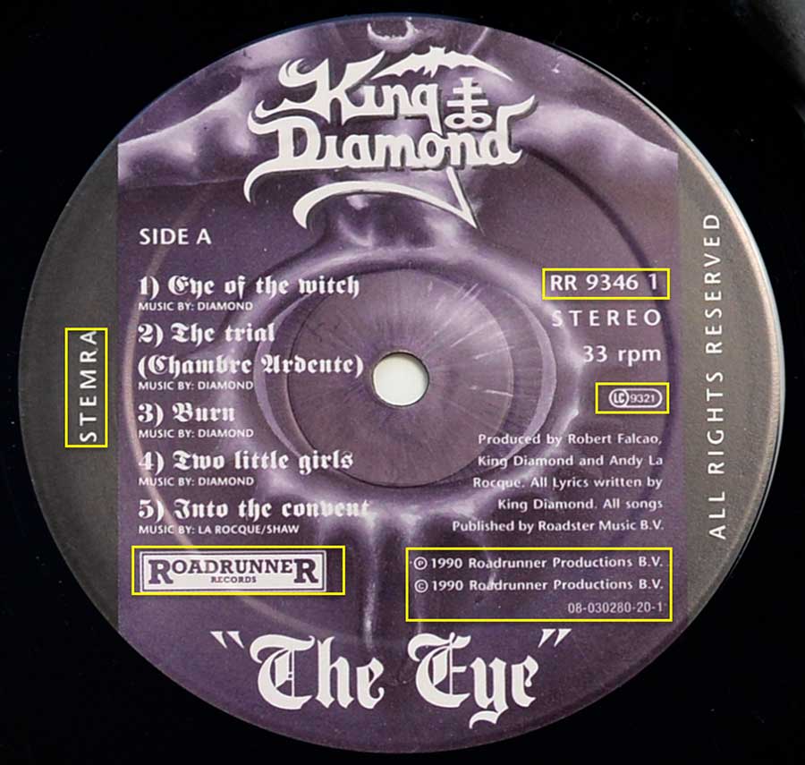 Close up of record's label KING DIAMOND - The Eye incl OIS Side One