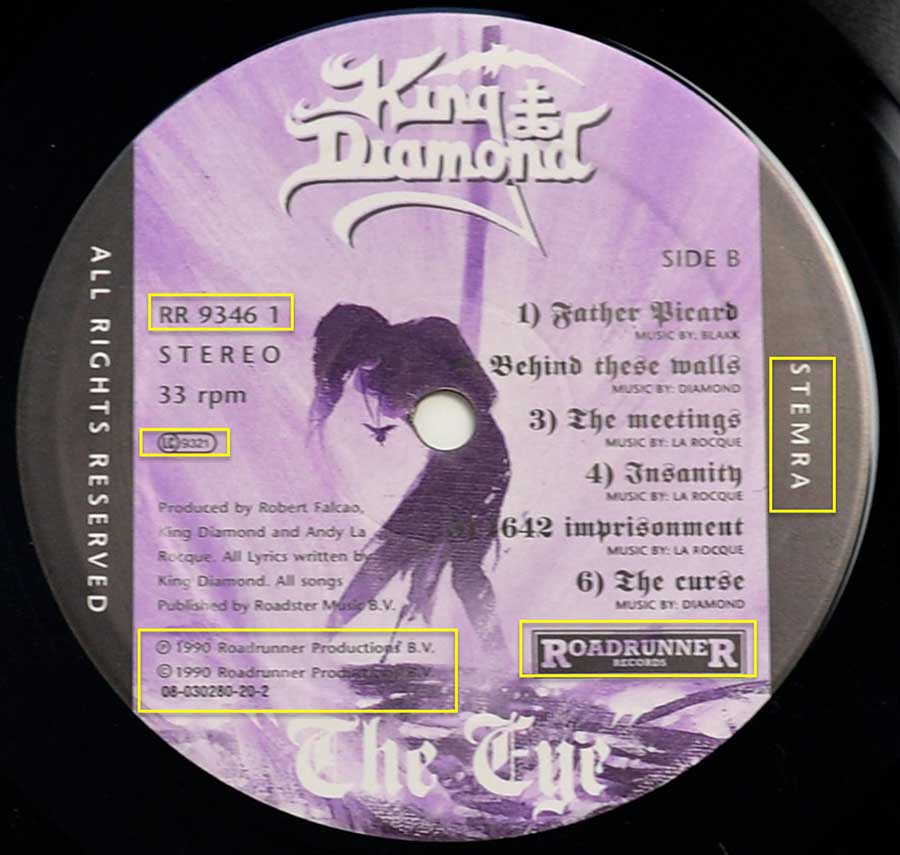 Close up of record's label KING DIAMOND - The Eye incl OIS Side Two