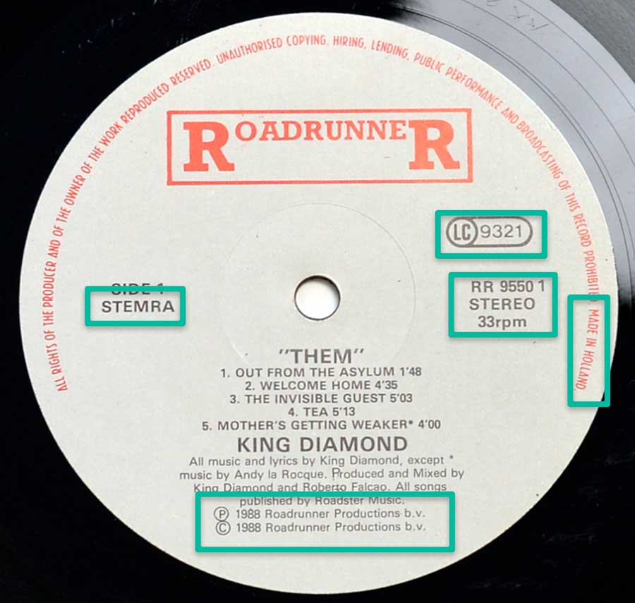 "THEM by King Diamond" Record Label Details:  RoadrunneR RR 9550 1 © & ℗ 1988 RoadrunneR Productions B.V. Sound Copyright 
