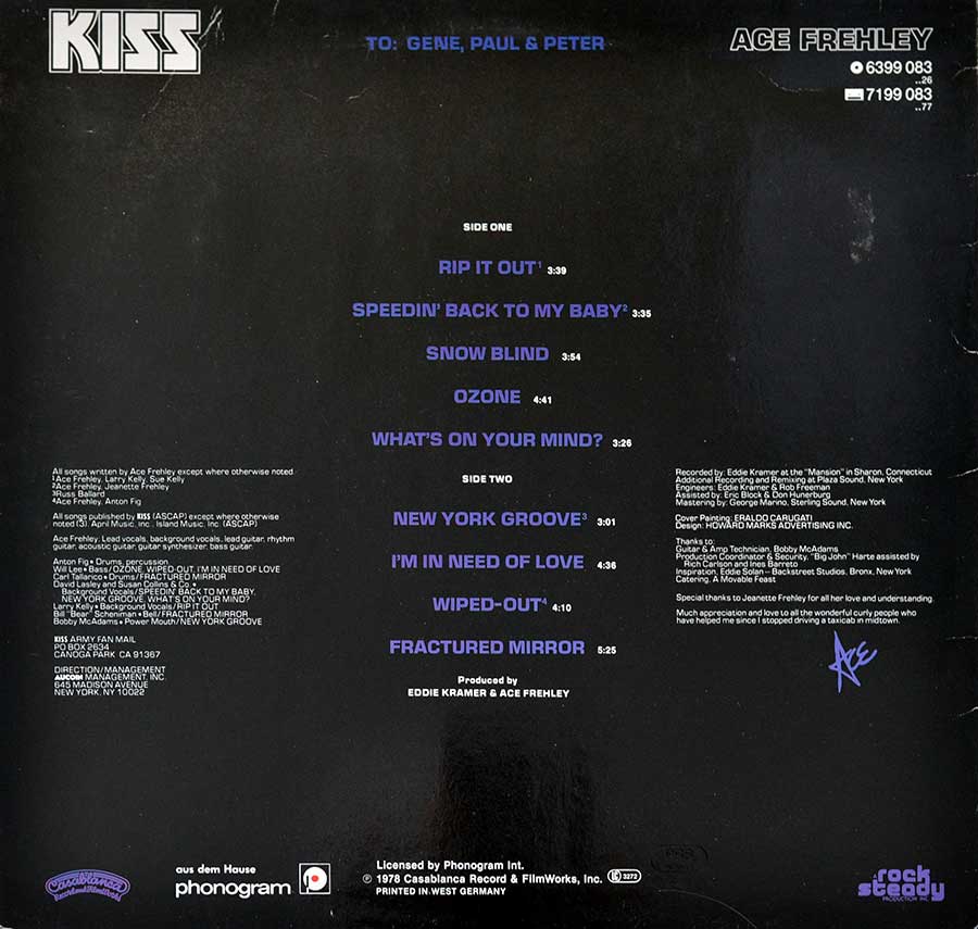KISS - Ace Frehley Casablanca Records 12" LP VINYL ALBUM
 back cover