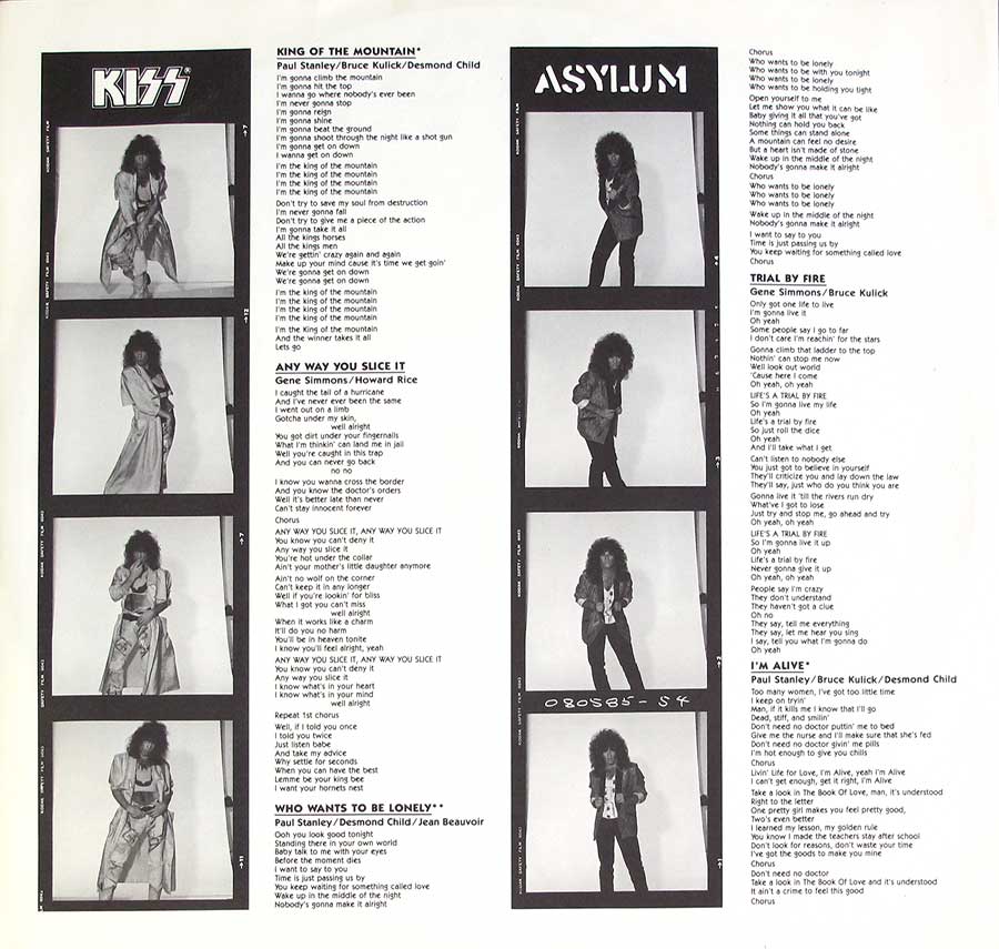 Photos of the Kiss band members and lyrics printed on the custom inner sleeve 