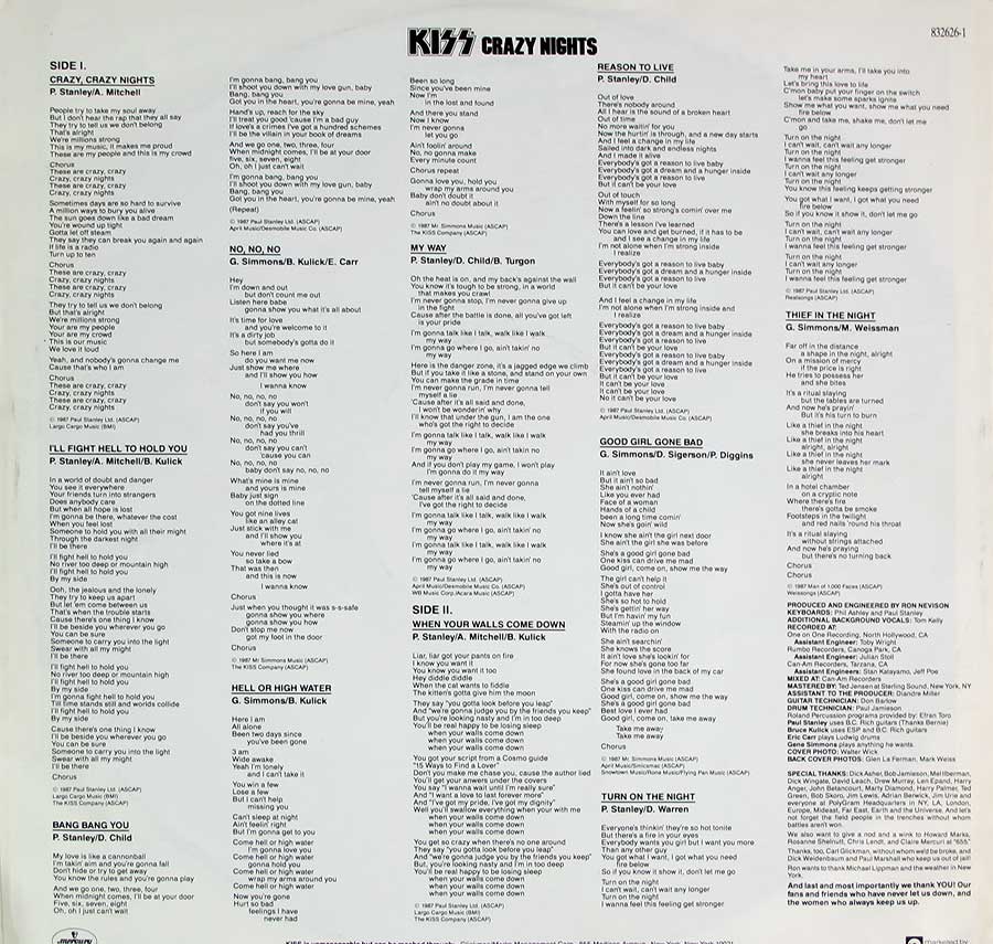 Photo Two of the original custom inner sleeve  KISS - Crazy Nights 12" Vinyl LP Album