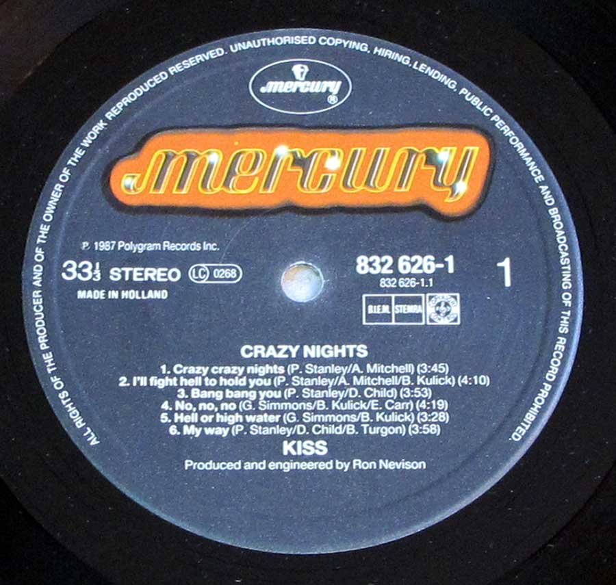 Close up of record's label KISS - Crazy Nights 12" Vinyl LP Album Side One