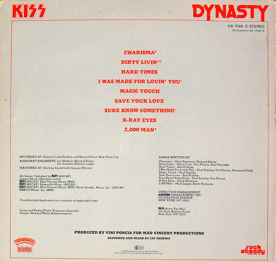 KISS - Dynasty Heavy Metal / Hard Rock 12" LP VINYL Album back cover