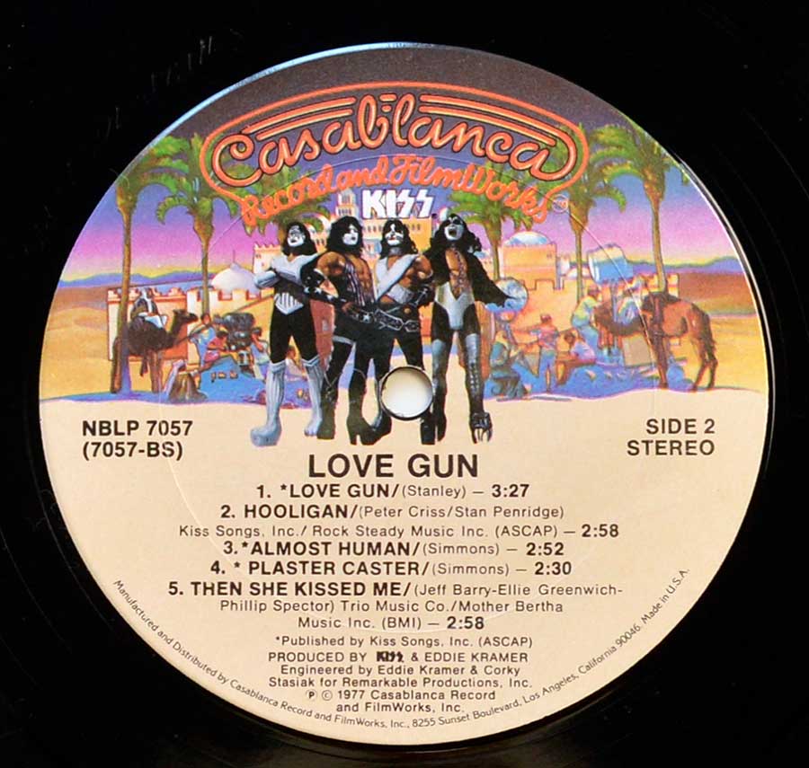 Close up of record's label KISS - Love Gun USA release 12" Vinyl LP Album  Side Two