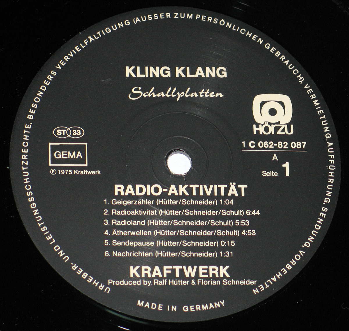 Close up of Side One record's label KRAFTWERK - Radio-Aktivität Hörzu Kling-Klang