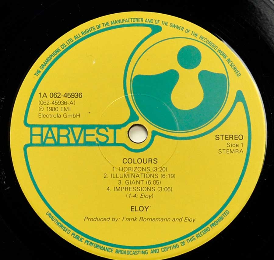 Close up of record's label ELOY - Colours ( Gatefold, Netherlands ) Side One