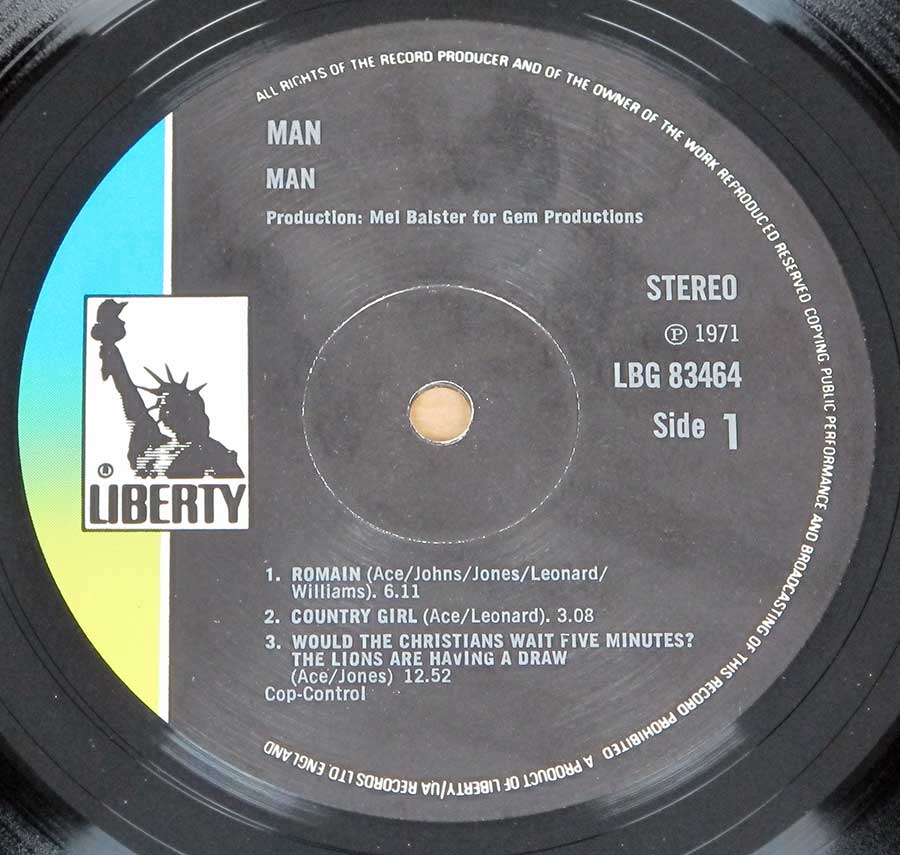 Close up of record's label MAN - MAN Liberty Records Side One