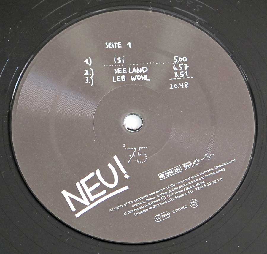 Close up of Side One record's label NEU! - '75 Brain records 1975 12" LP VINYL ALBUM