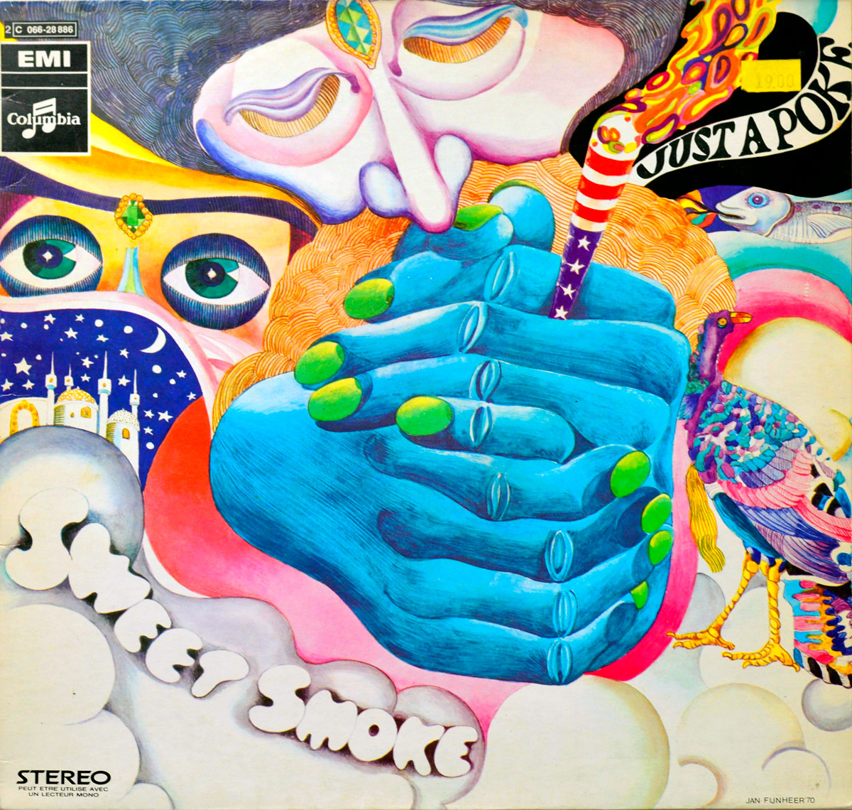 Psychedelic 1970 French album cover of SWEET SMOKE - Just a Poke, featuring a surreal hand in blue hues holding a smoking pipe with an American flag pattern, surrounded by vibrant abstract faces, a multicolored bird, crescent moon, stars, clouds, and a palace dome; artwork signed Jan Fijnheer.