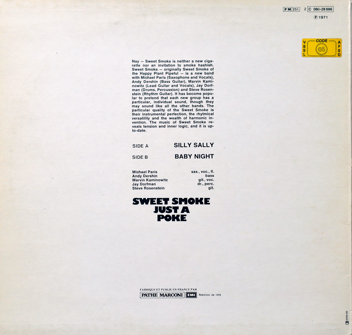 Back cover of the French 1978 reissue of SWEET SMOKE - Just a Poke, featuring liner notes, tracklist, band credits, Columbia catalog code, Pathé Marconi EMI logo, and minimal design.