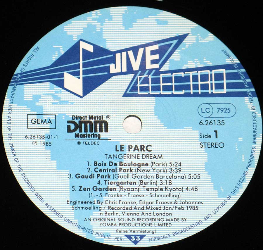 TANGERINE DREAM - Le Parc DMM Audiophile 12" Vinyl LP Album enlarged record label