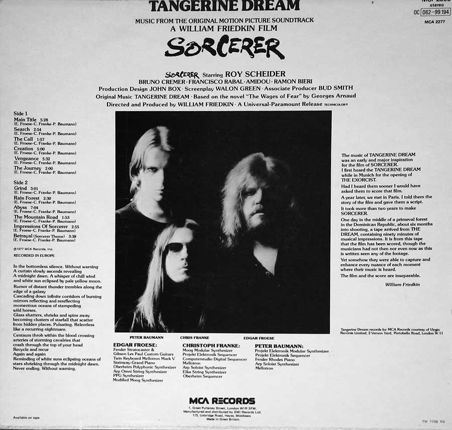 TANGERINE DREAM - Sorcerer William Friedkin Film 12" VINYL LP ALBUM album back cover