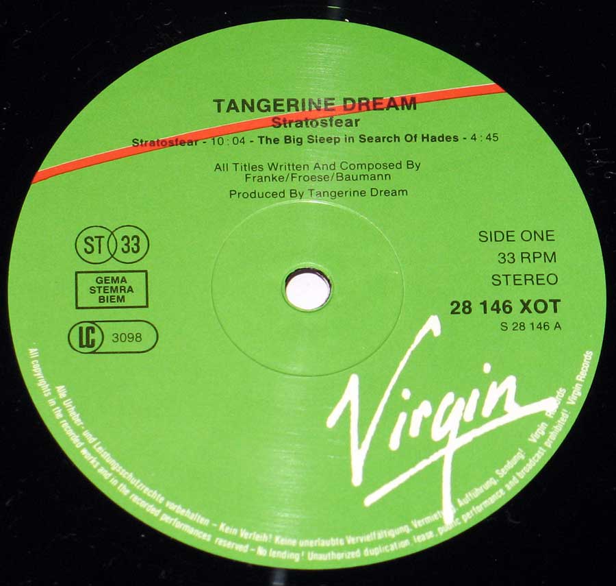 "Stratosfear" Record Label Details: Green Colour Virgin 28 146 XOT