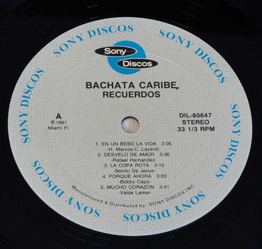 Close-up Photo of "BACHATA CARIBE - Recuerdos" Record Label  