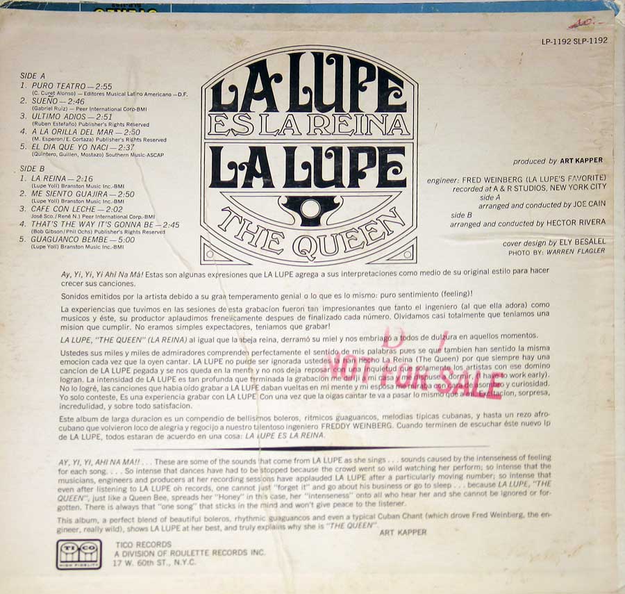 LA LUPE - Es La Reine The Queen Tico Records 12" Vinyl LP Album album back cover