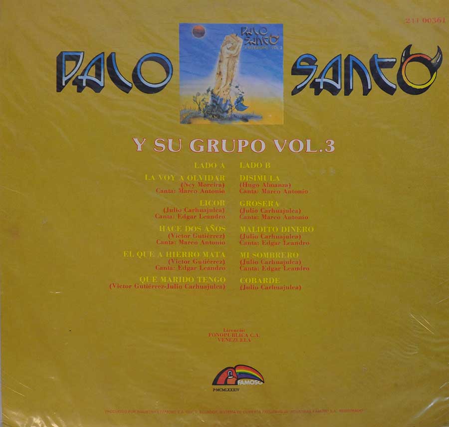 Back Cover  Photo of "PALO SANTO y Su GRUPO - Volume 3" Album 