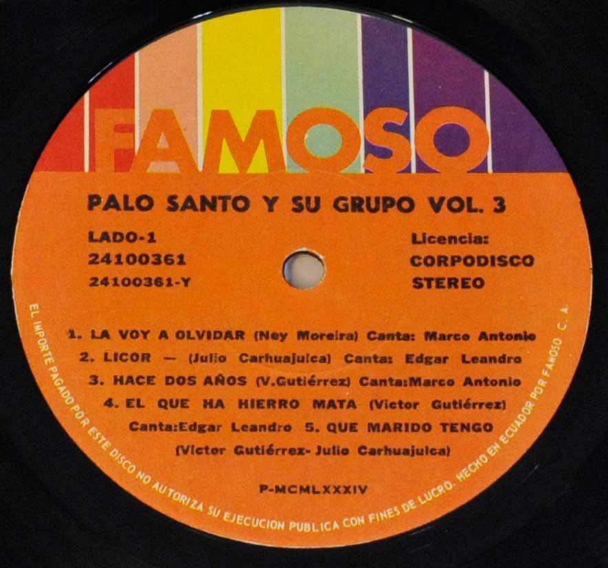 Close-up Photo of "PALO SANTO y Su GRUPO - Volume 3" Record Label  