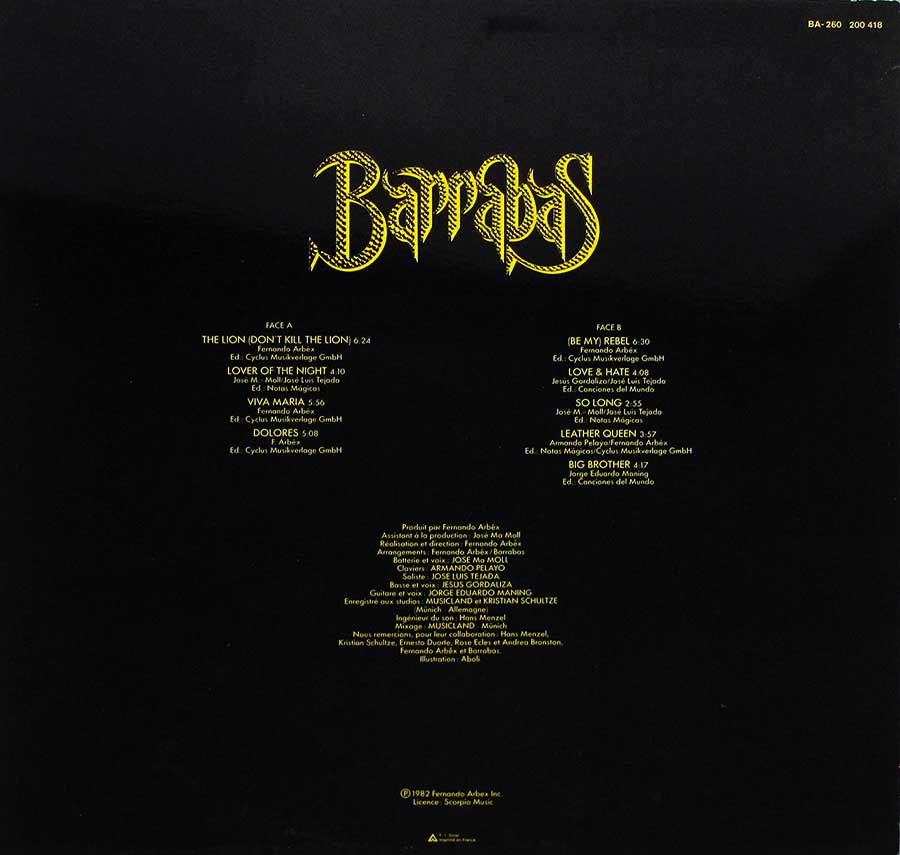 Back Cover  Photo of "BARRABAS - Bestial" Album 