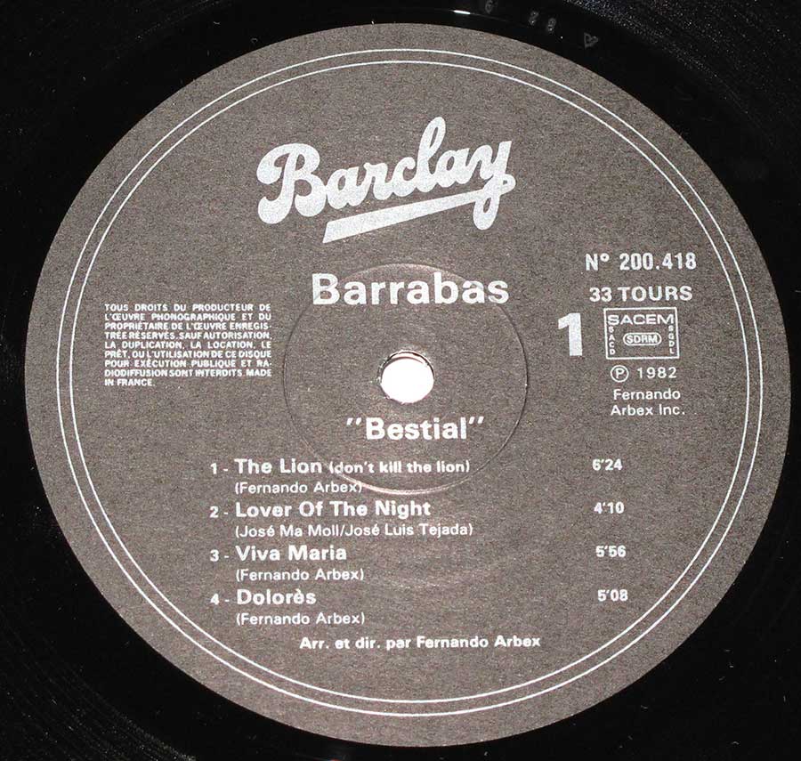 Close-up Photo of "BARRABAS - Bestial" Record Label  