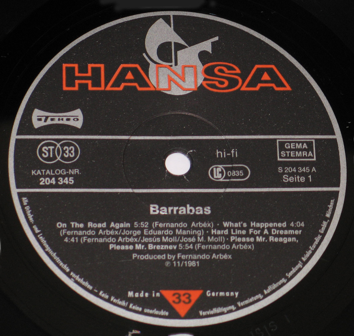 Record label of Barrabás vinyl LP released under Hansa Records, featuring the Hansa logo, catalogue number 204 345, stereo ST 33, GEMA STEMRA rights, and production details by Fernando Arbex. Made in Germany, November 1981.