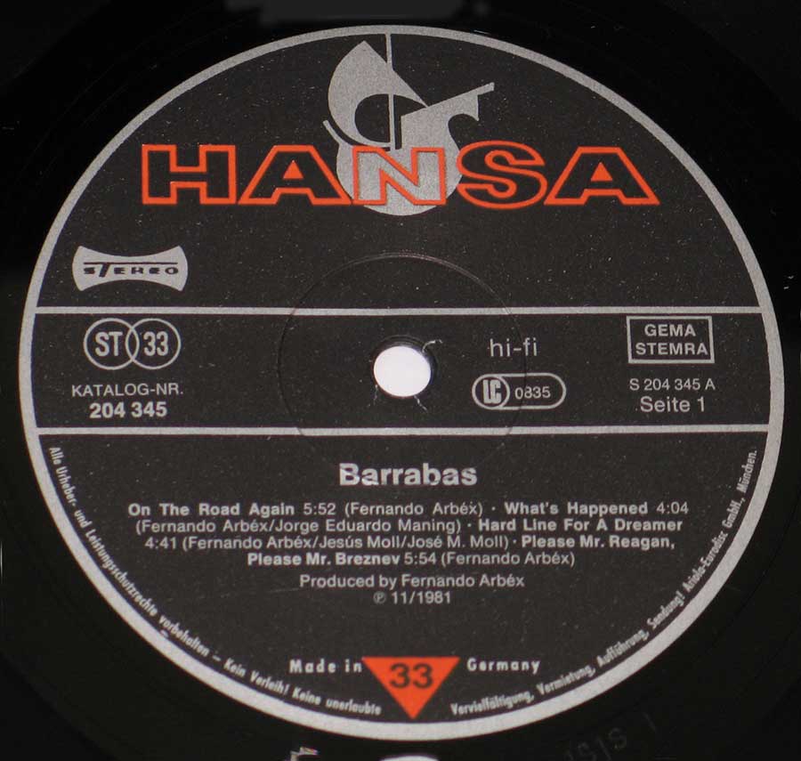 Close-up Photo of "Piel de Barrabás" Hansa Record Label 