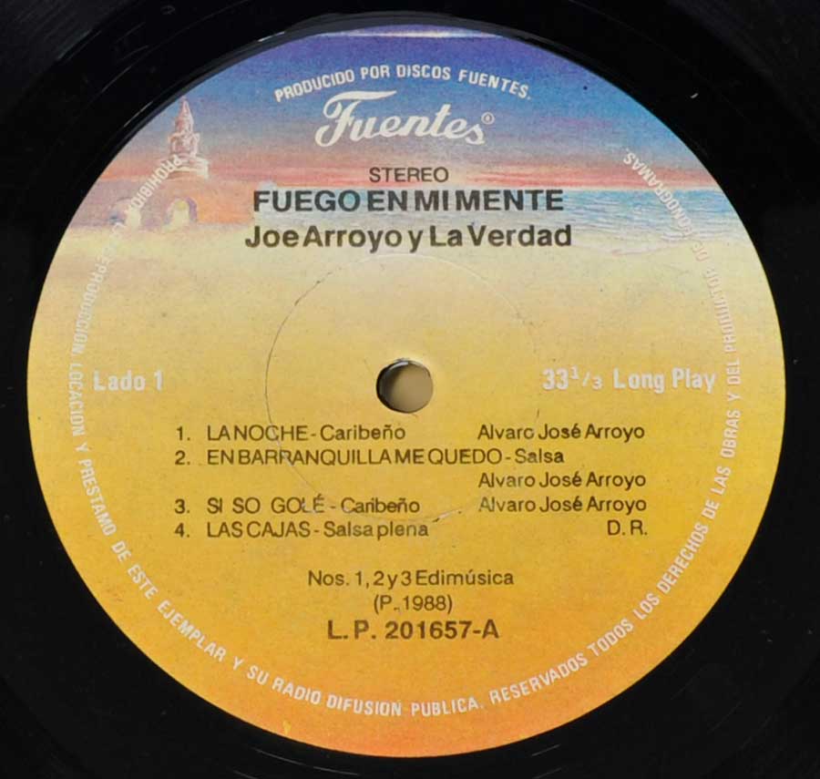 Close up of record's label JOE ARROYO - Fuego En Mi Mente Side One