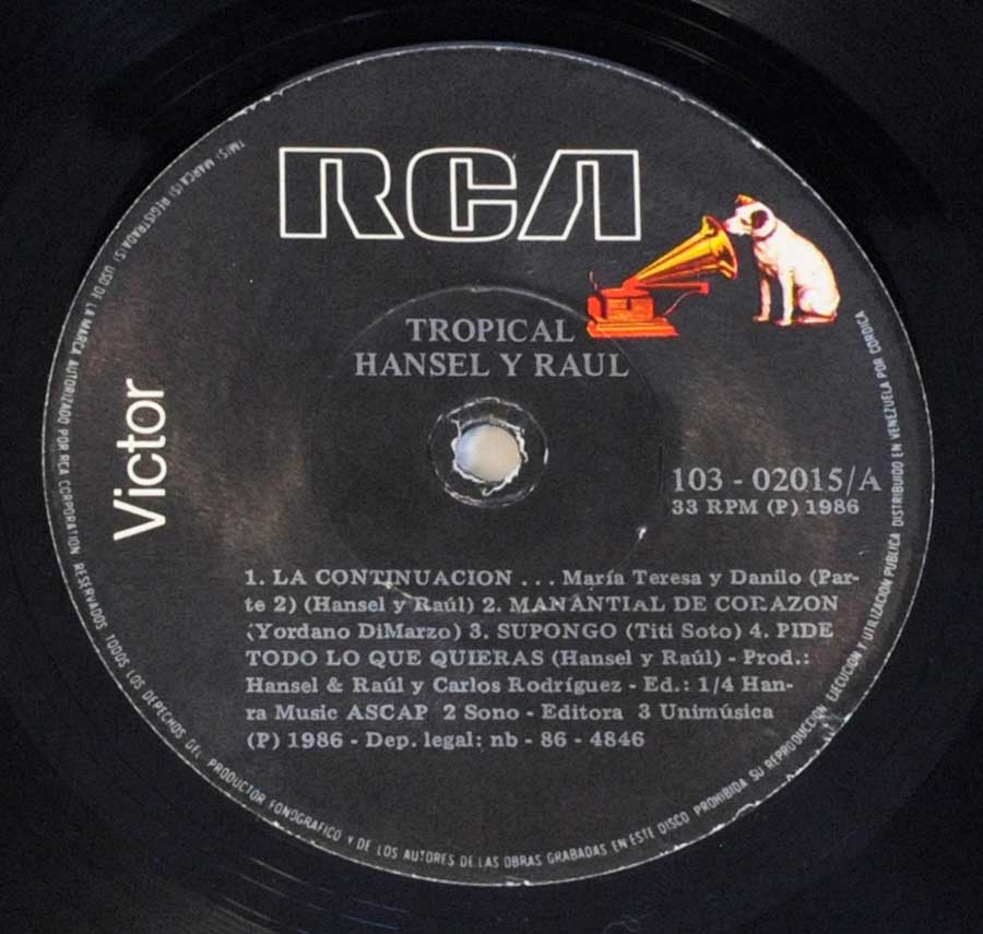 Close up of Side One record's label HANSEL & RAUL - Tropical - Latin Salsa Music 12" Vinyl Lp Album
