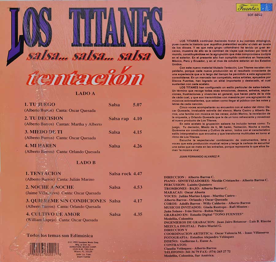 LOS TITANES DE LA SALSA - Tentacion 12" Vinyl LP Album
 back cover