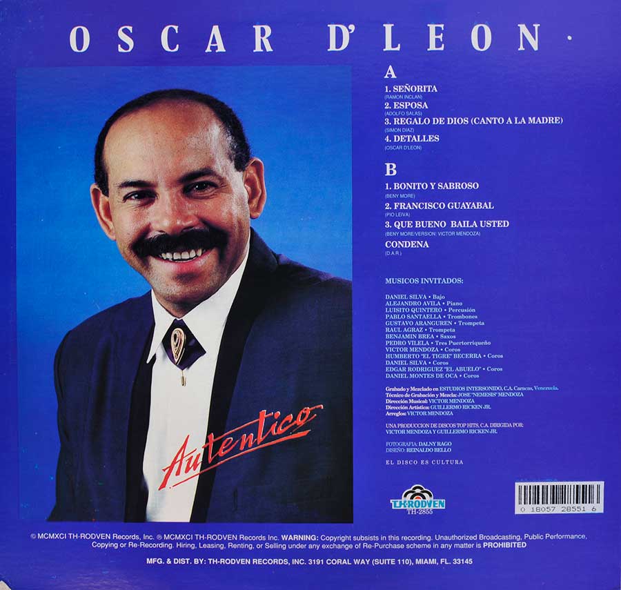 OSCAR DE LEON - Auténtico 12" LP Vinyl Album back cover