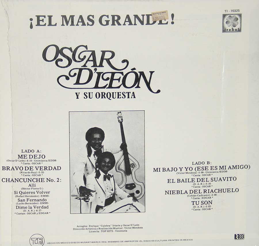 OSCAR D'LEON - El Mas Grande 12" VINYL LP ALBUM back cover