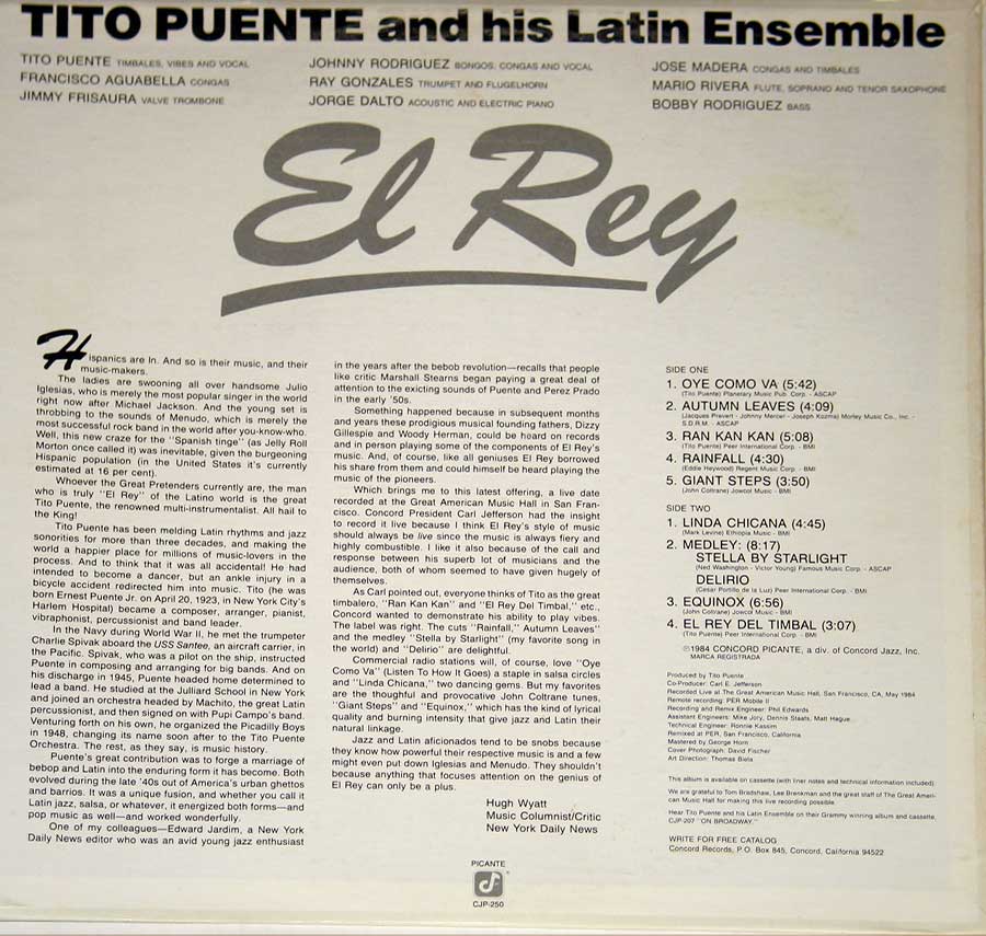 TITO PUENTE - El Rey (Salsa) Picante Records 12" Vinyl LP Album back cover