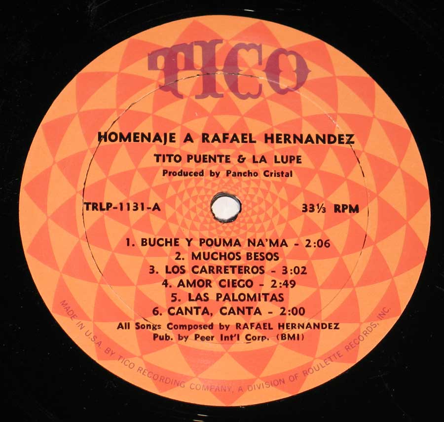 TITO PUENTE y La Lupe (Guadalupe Yoli) HOMENAJE A RAFAEL HERNANDEZ 12" VINYL LP ALBUM enlarged record label