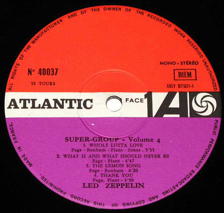 Close up of record's label LED ZEPPELIN II - SUPER-GROUP VOL 4 Side One