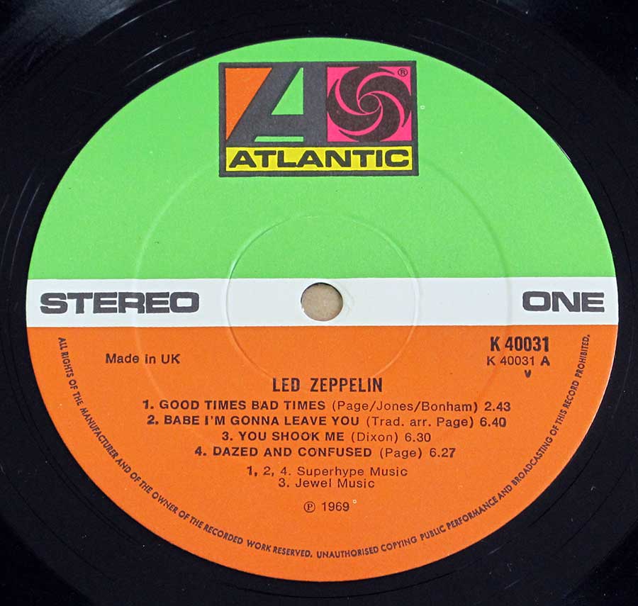 Close up of record's label LED ZEPPELIN - Led Zeppelin I Side One