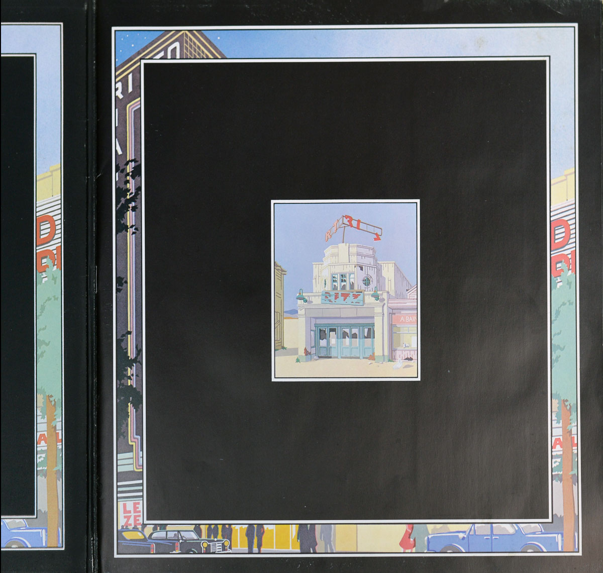 Album gatefold inside page (right panel). A large matte-black rectangle fills the page, framed by a thin double rule in white/gray. Centered on this field sits a small square illustration of an art-deco cinema with round windows, glass entrance doors, and a broken rooftop sign arm, rendered in soft pastels. Around the black panel, a border of city-street artwork runs along the edges: cropped marquees, trees, silhouettes of pedestrians, and a blue car at the bottom. Gatefold seam visible at left; light edge wear and faint surface ripples are present.