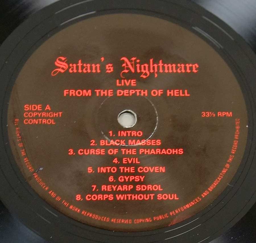 Close up of record's label MERCYFUL FATE - Live From The Depth Of Hell 12" Vinyl LP Album 
 Side One