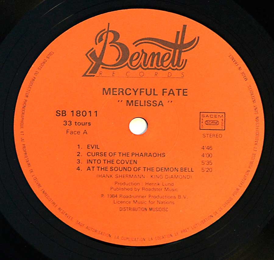 Close up of record's label MERCYFUL FATE - Melissa Bernett France 12" LP ALBUM VINYL  Side One