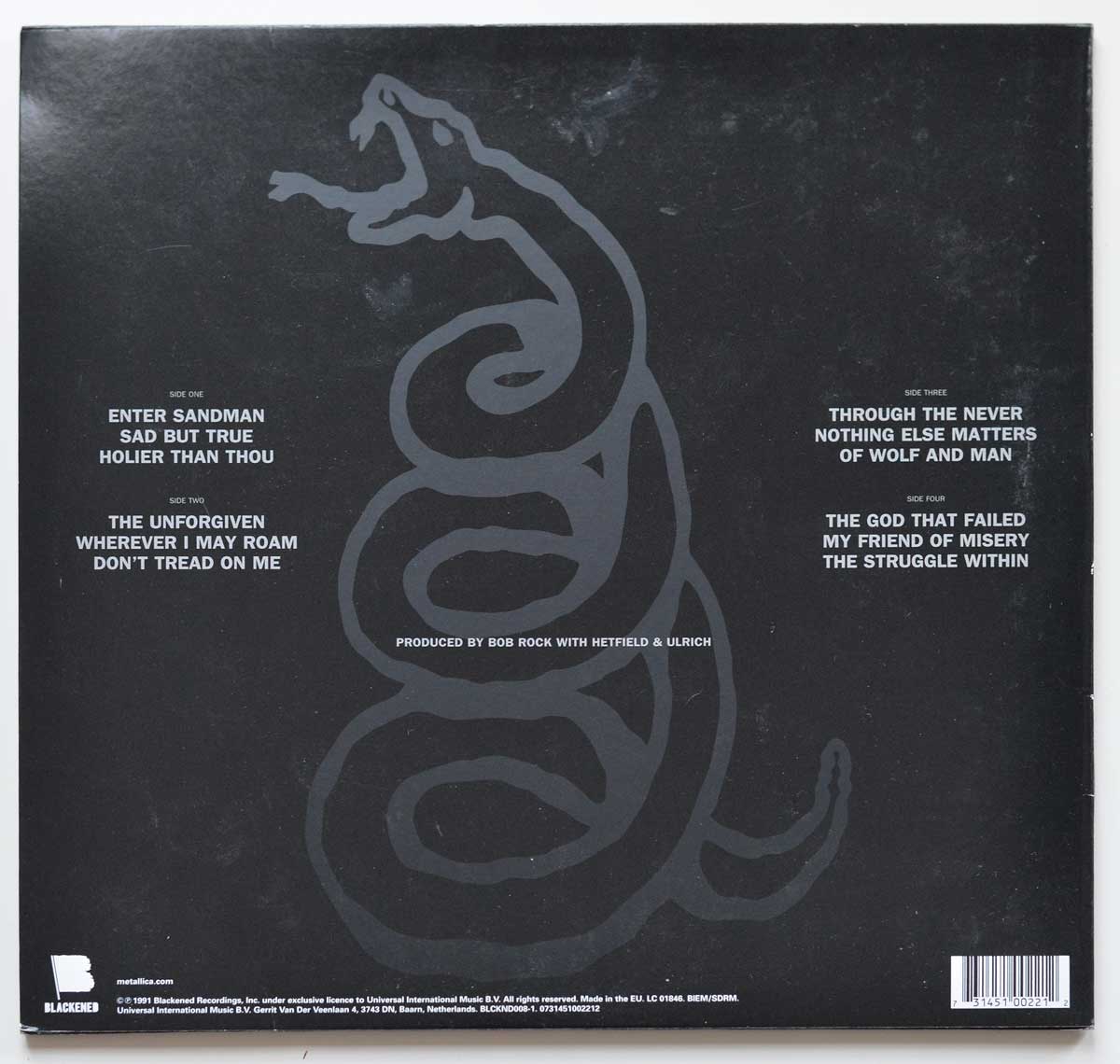 Photo of album back cover METALLICA The Black Album 2LP 180 Grams Audiophile Blackened Records 