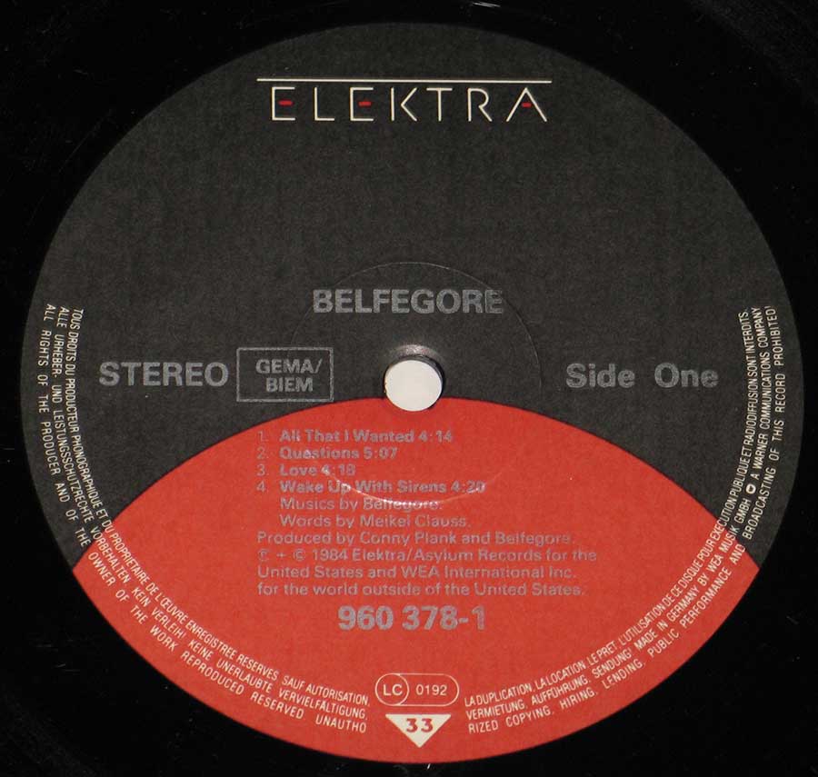 Close up of record's label BELFEGORE - Self-Titled Elektra 960 378 12" Vinyl LP Album Side One