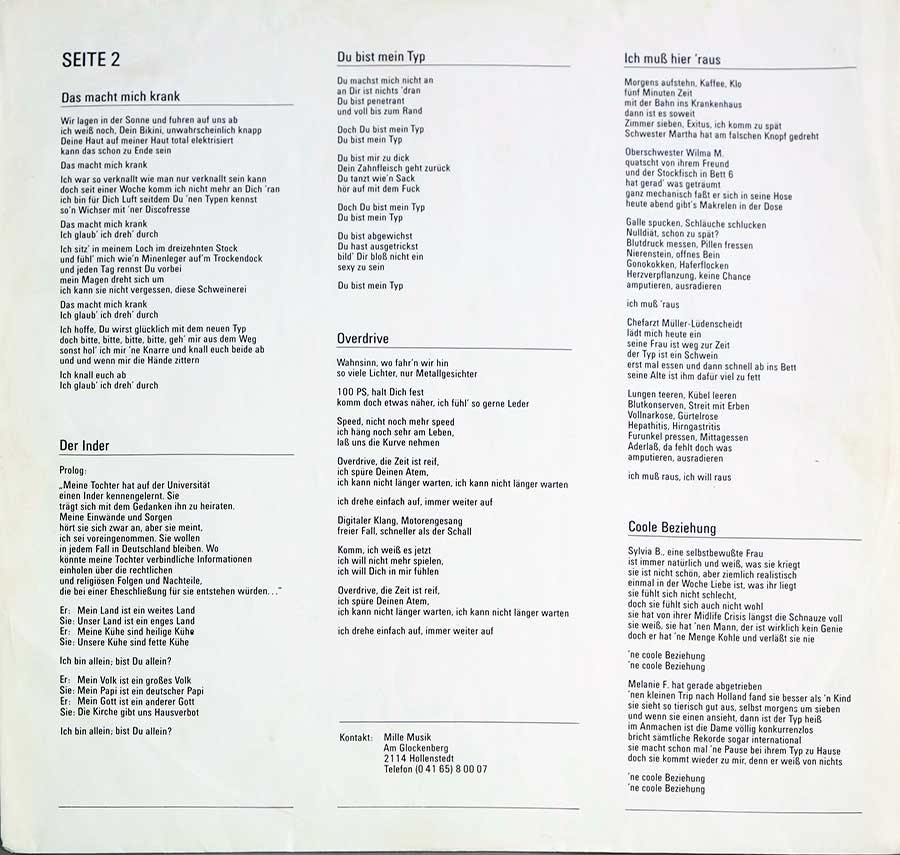 Second Photo Lyrics Inner Sleeve FEE - Notaufnahme Lyrics Sleeve Half-Speed Master 12" LP VINYL ALBUM 