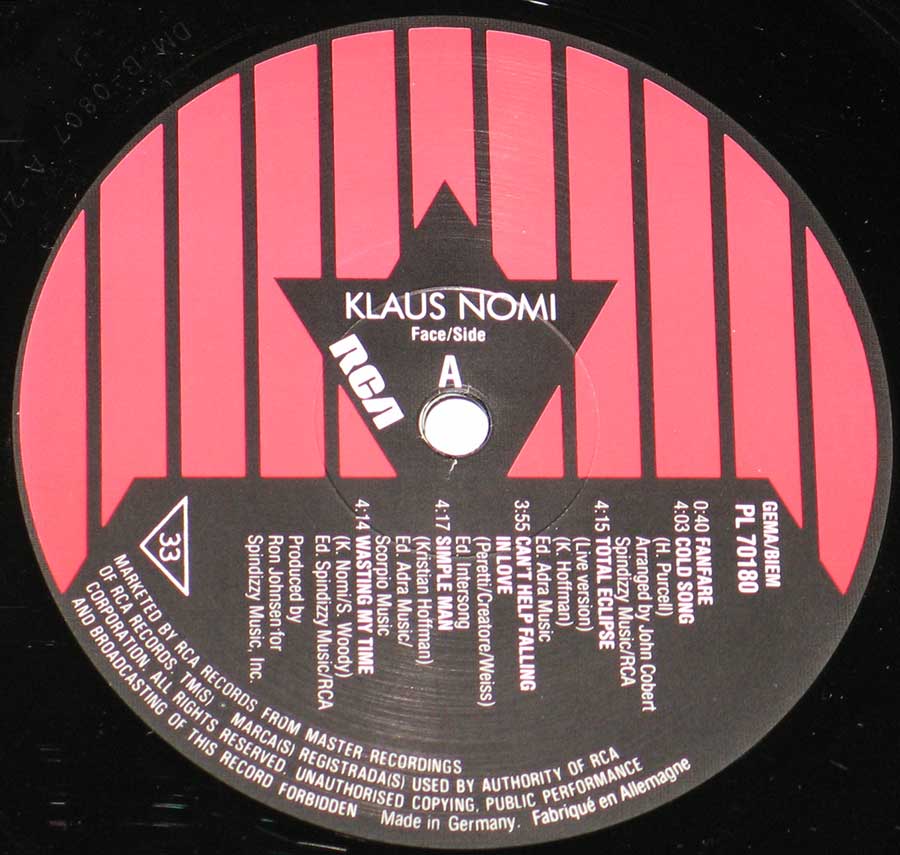 Close up of Side One record's label KLAUS NOMI - Encore - 12" Vinyl LP Album