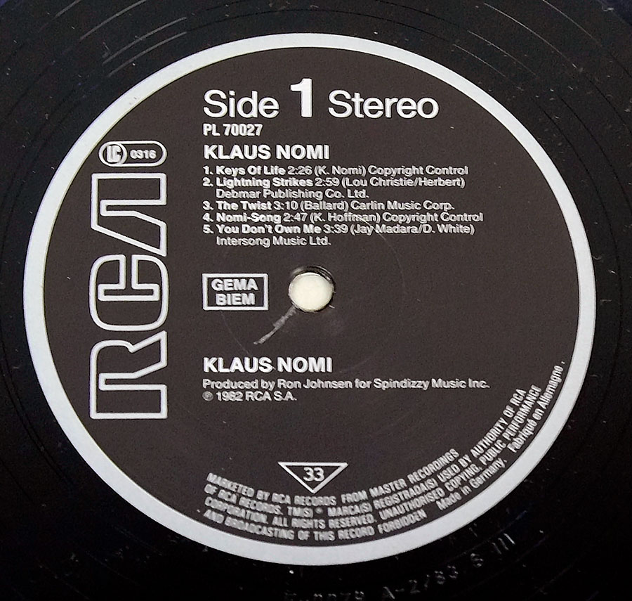 Close up of Side One KLAUS Nomi - Self-Titled Album 