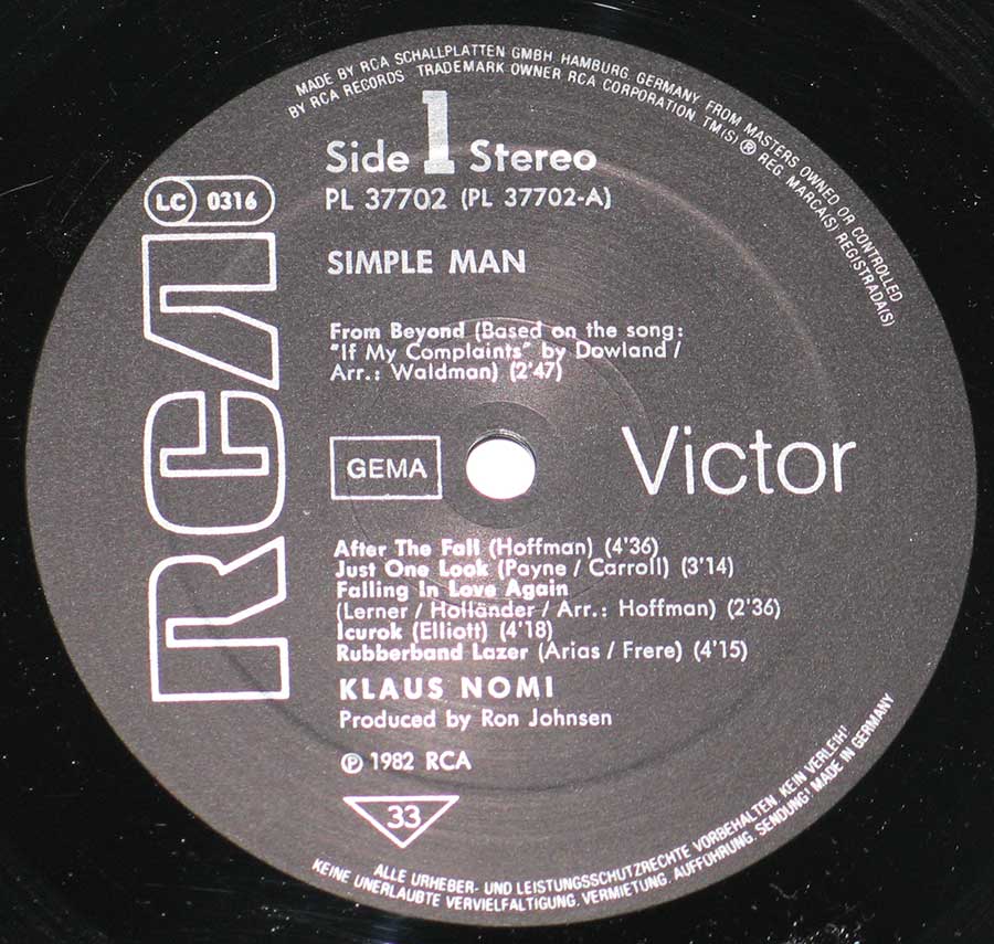 "Simple Man" Black Colour RCA Victor Record Label Details: RCA Victor PL 37702 ℗ 1982 RCA Sound Copyright 